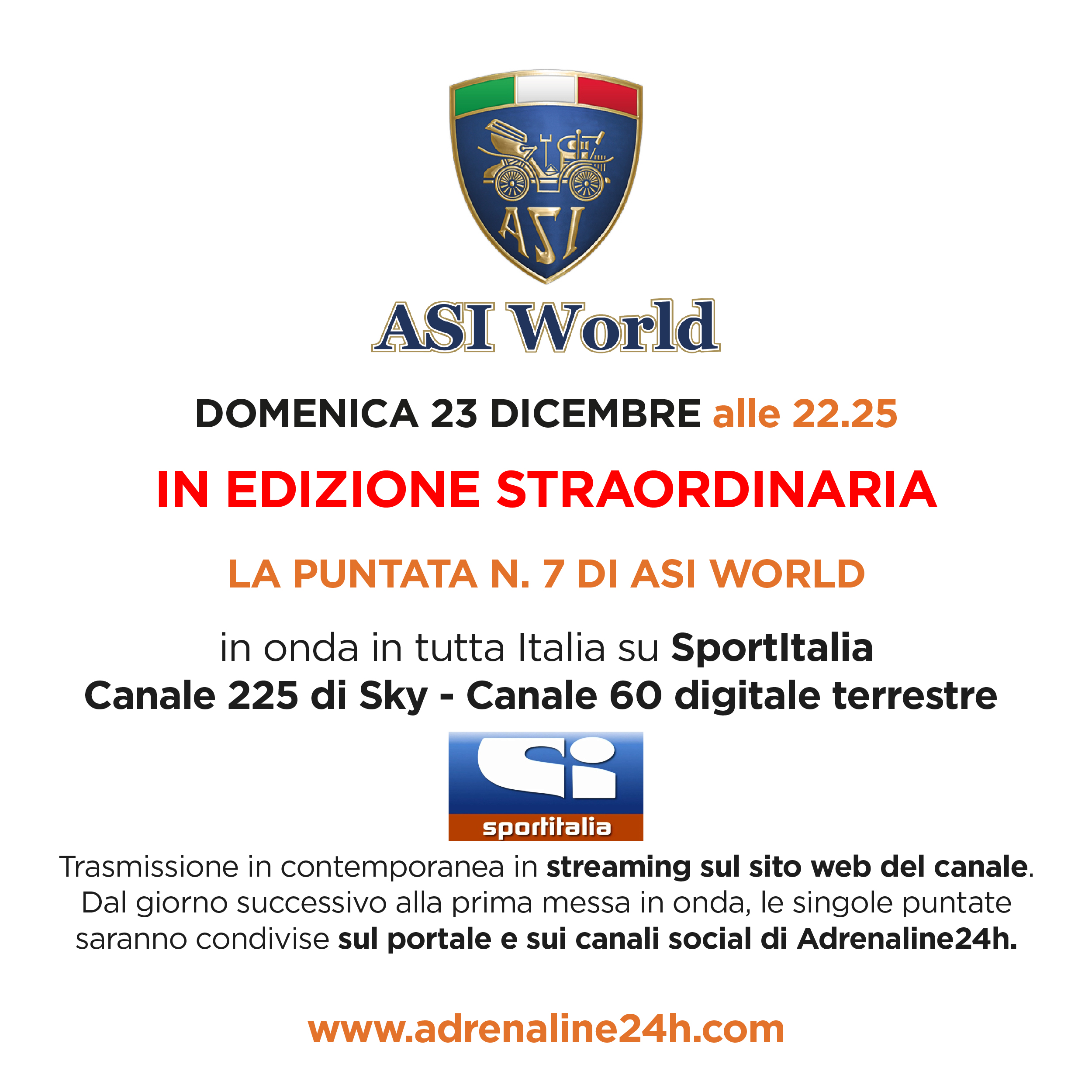 ASI World, puntata straordinaria 23 Dicembre ore 22,25 Sky Sportitalia canale 225 e DTT canale 60!!!