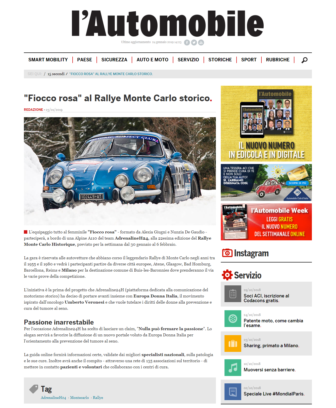 Il magazine l’Automobile parla del “Fiocco Rosa Adrenaline24H”