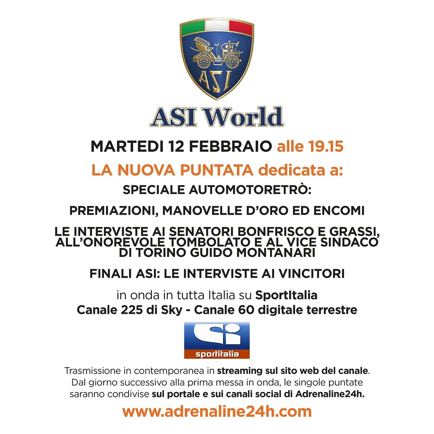 ASI World, martedì 12 febbraio l’attesissima nuova puntata – Speciale Automotoretrò!!!