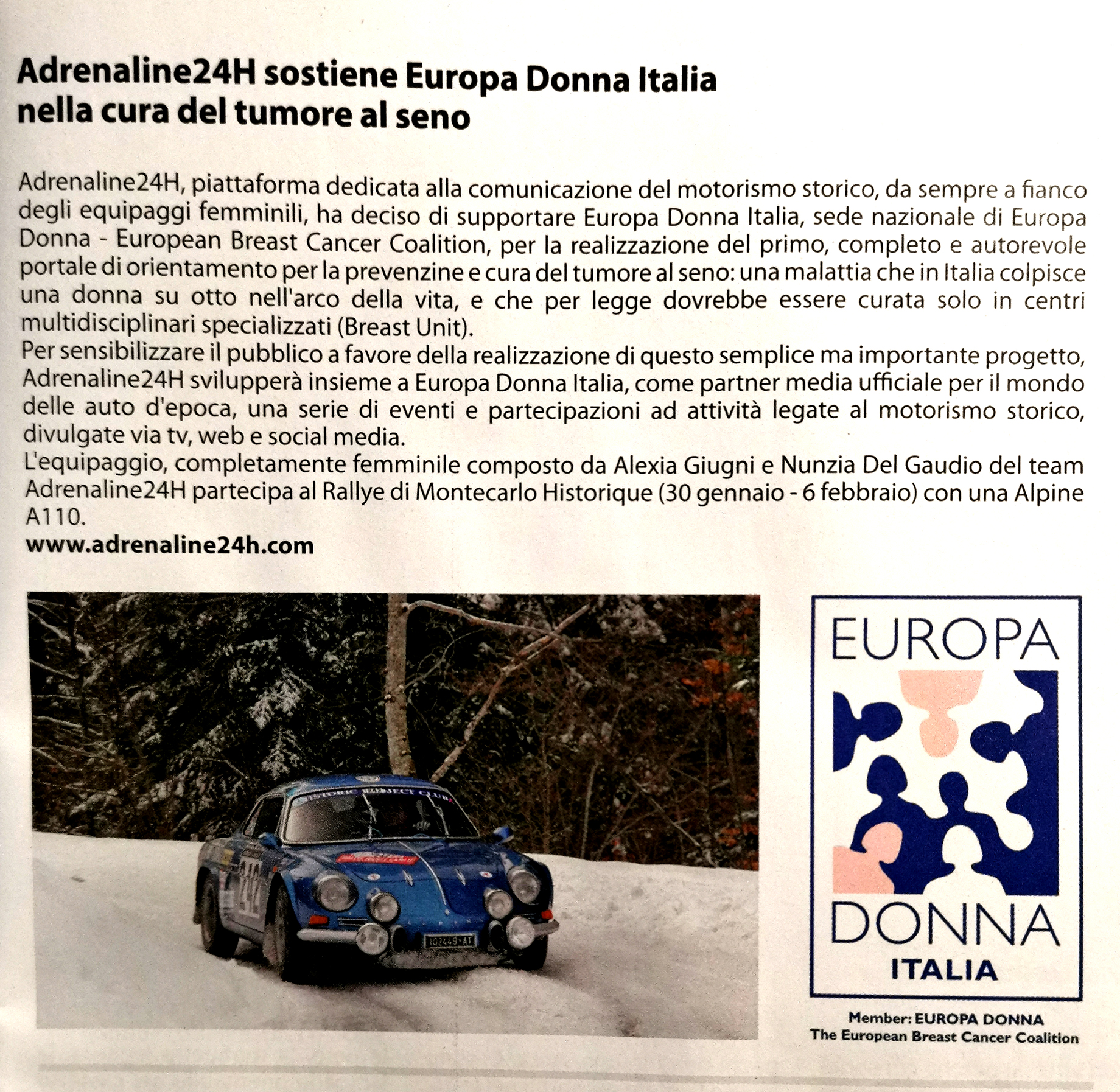 Il magazine epocAuto parla della partnership di Adrenaline24h con Europa Donna Italia
