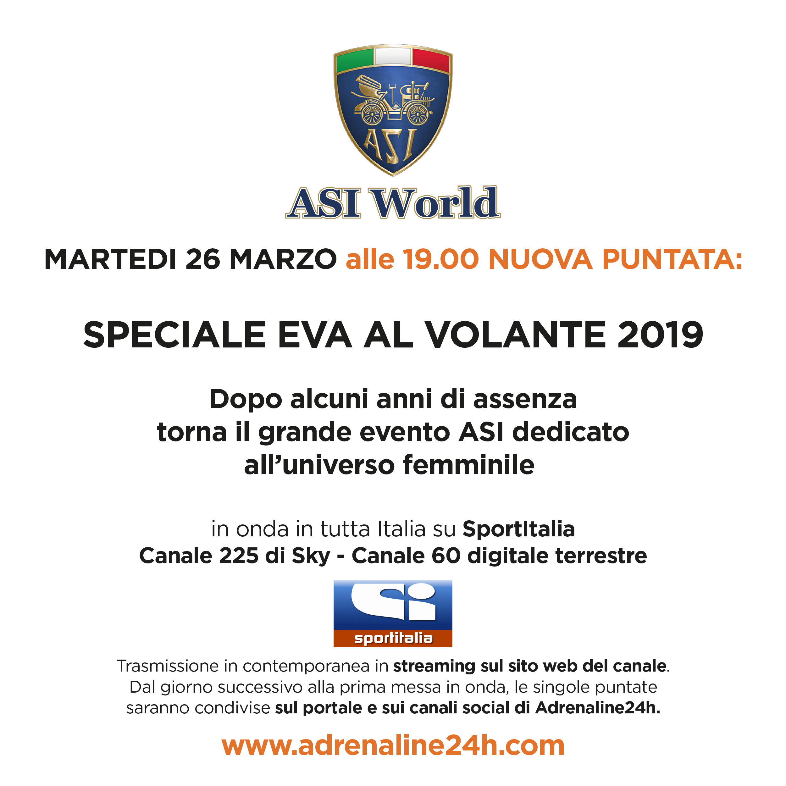 ASI World, martedì 26 Marzo la nuova puntata – Speciale Eva al Volante!!!