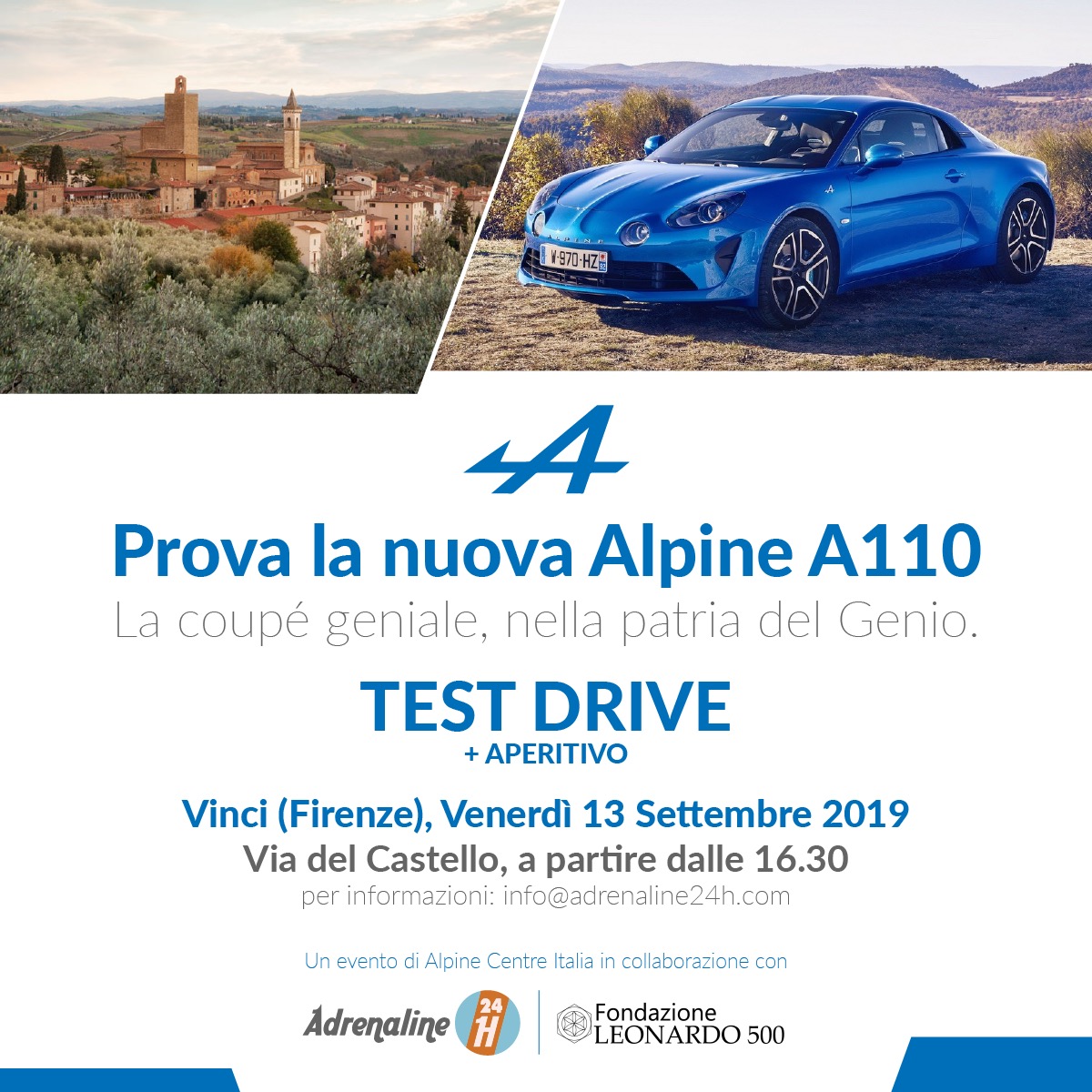 Venerdì 13 settembre, Alpine sbarca a Vinci con le splendide A110.
