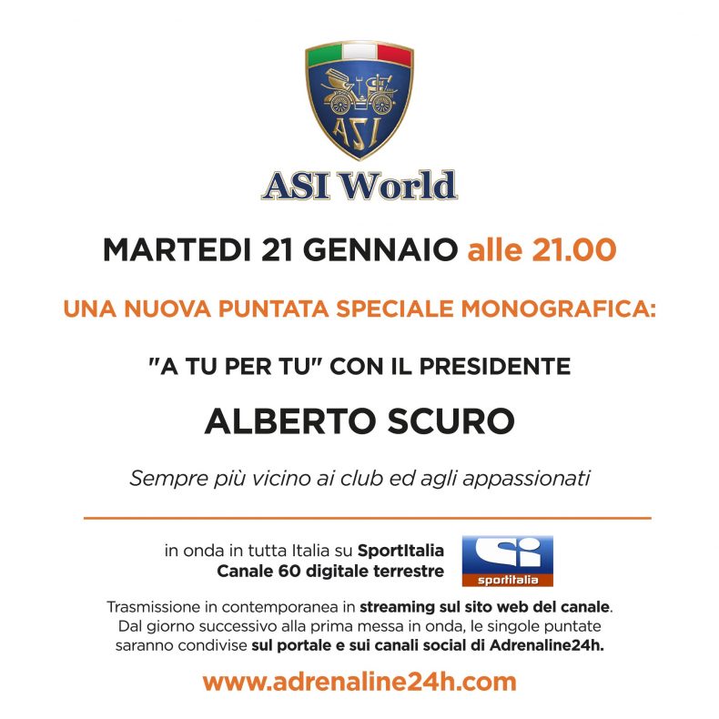 ASI World, martedì 21 Gennaio puntata Speciale…A tu per tu con il Presidente Alberto Scuro