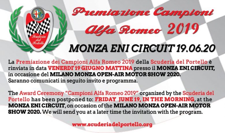 La premiazione dei Campioni Alfa Romeo 2019 della Scuderia del Portello si svolgerà a Giugno