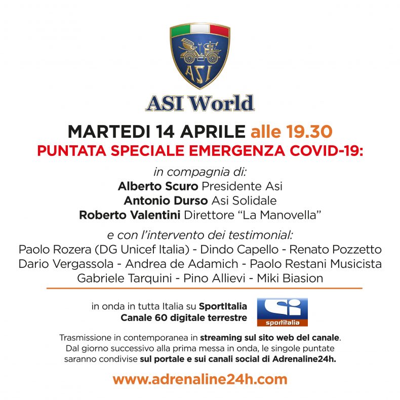 ASI World, martedì 14 Aprile puntata speciale EMERGENZA COVID-19